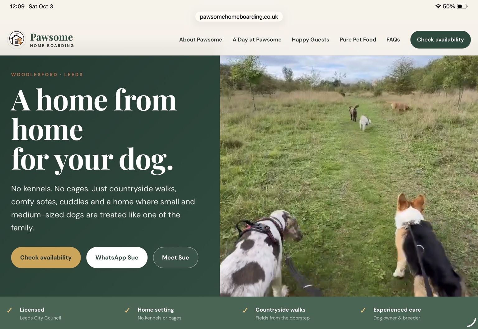 Pawsome Home Boarding website homepage